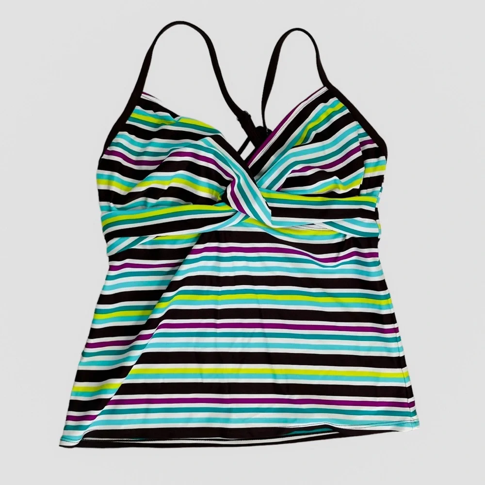 Athleta Womens Striped Swim Top Criss Cross Straps Green Brown Blue 34D/32DD